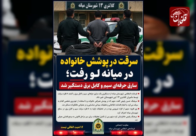 سرقت در پوشش خانواده در میانه لو رفت؛ سارق حرفه‌ای سیم و کابل برق دستگیر شد